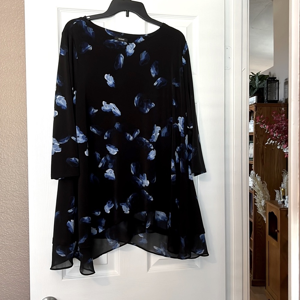 Alfani Black Tunic with Blue Floral Brushstroke Print